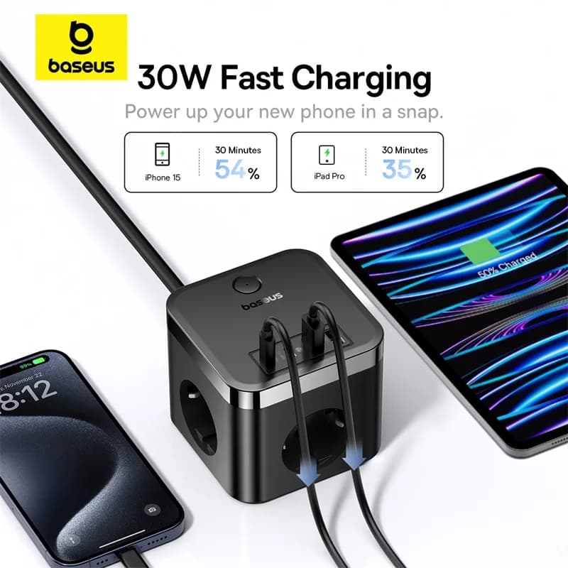 Prelungitor GaN 7-in-1 cu 3 prize AC și USB-C