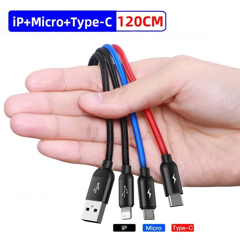 Cablu de încărcare USB 3-in-1 cu Type-C, Micro și Lightning